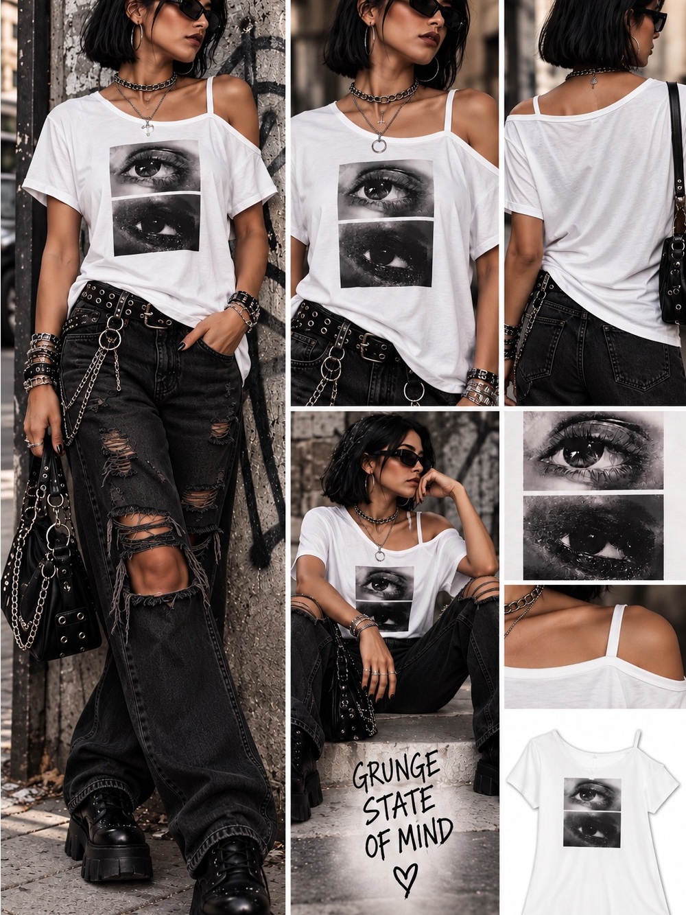 ALL Eyes on ME: Grunge Eye Graphic Off-Shoulder White Tee